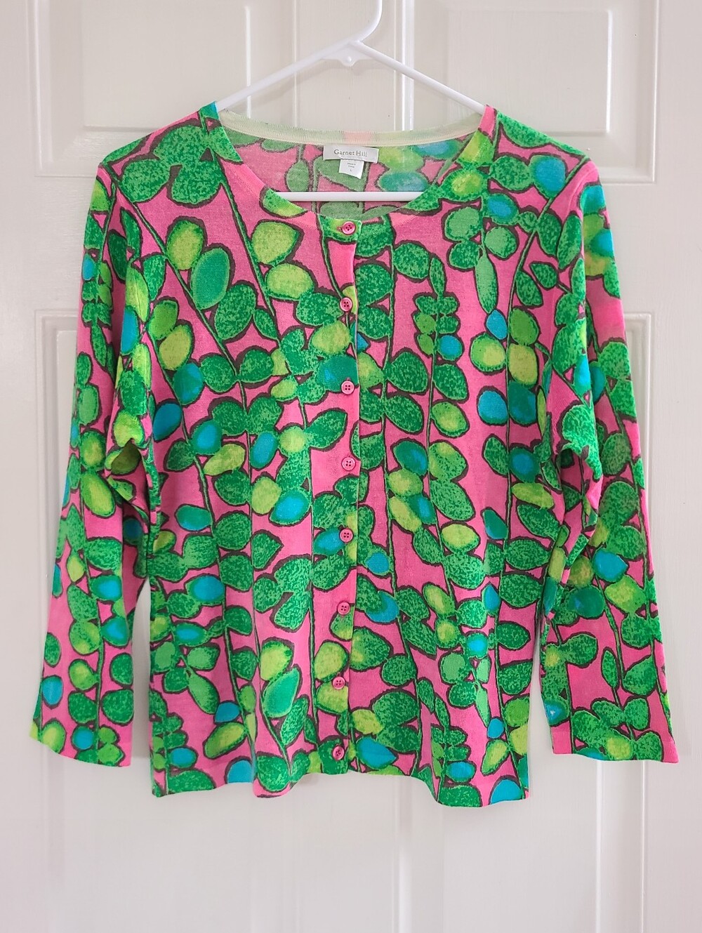Garnet Hill 100% Merino Wool Colorful Clover Botanical Leaf Cardigan Sweater L